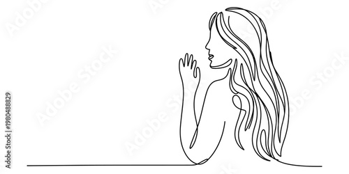 Minimalist single continuous line drawing of a woman with long flowing hair and hand raised up