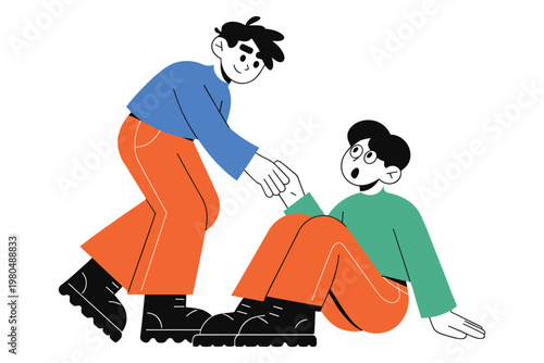 Person helping friend get up from ground offering hand support flat vector illustration.