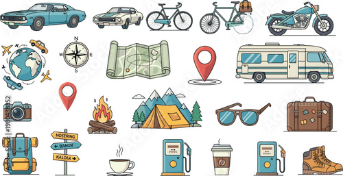 Travel adventure icon set featuring car bicycle camper map camping gear landmarks symbols for tourism and outdoor lifestyle design