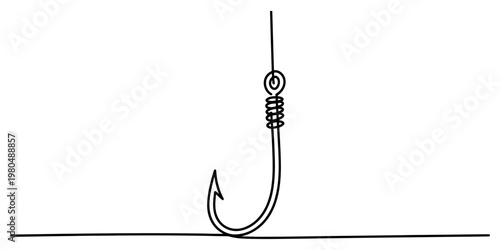 Quadro su tela A simple black and white line drawing of a sharp fishing hook hanging from a thi