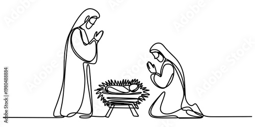 A single continuous line drawing of the holy nativity scene featuring joseph mary and baby jesus