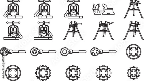 A collection of mechanical tools, rendered in a minimalist line art style, meticulously arranged for technical and industrial use.