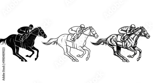 Dynamic Silhouettes and Detailed Illustrations of Jockeys Riding Galloping Racehorses in Various Styles, Capturing the Excitement of Equestrian Sports