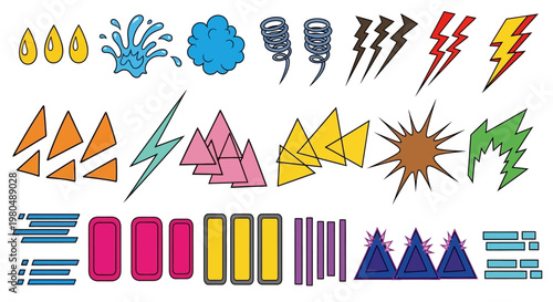 Collection of Colorful Cartoon Weather and Energy Symbols, Including Lightning, Clouds, and Geometric Shapes