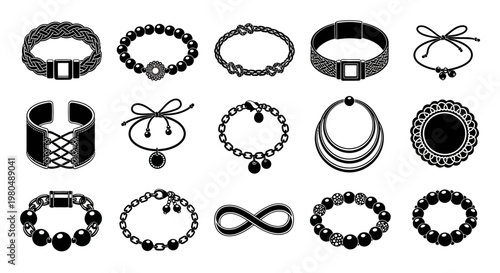 Diverse collection of elegant jewelry icons, showcasing various bracelets, necklaces, and fashion accessories in a sleek monochrome outline style, perfect for e-commerce and luxury branding visuals