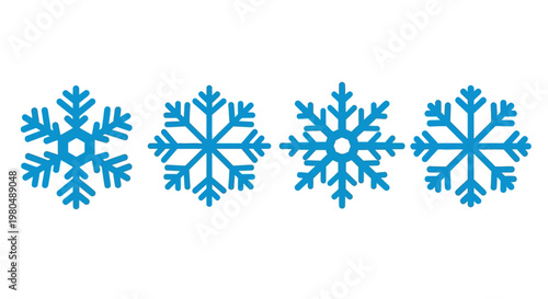 Various stylized snowflakes in blue and white against a plain background