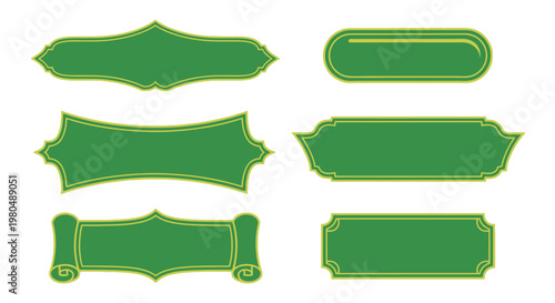 Variety of Ornate Green and Gold Vintage-Inspired Decorative Banners, Frames, and Labels in a Vector Format