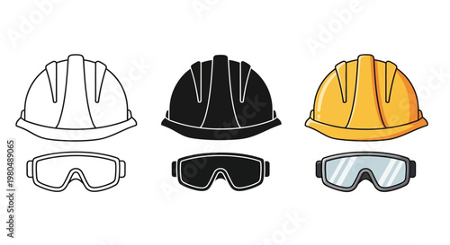 Collection of worker safety equipment vector illustrations featuring hard hats and protective goggles for construction and industrial security