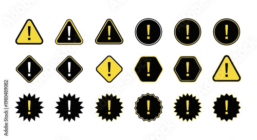 Comprehensive collection of diverse warning sign icons featuring exclamation marks for hazard alerts and important information notifications
