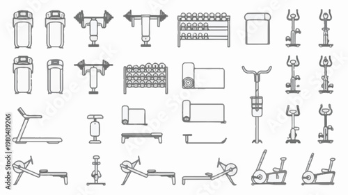 Assorted Gray Gym Equipment Icons in a Grid Layout