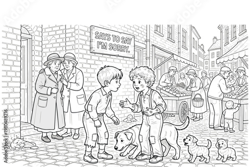 Two boys talking in market street with dogs, two women standing and talking together.