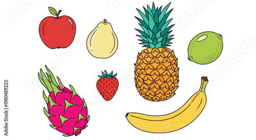 A vibrant collection of fresh and delicious fruits, including apples, pears, pineapples, bananas, strawberries, dragon fruits, and limes