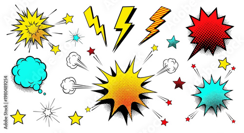 Vibrant Pop Art Comic Effect Elements Collection Featuring Dynamic Explosion Bursts, Speech Bubbles, Lightning Bolts, and Stars for Graphic Design