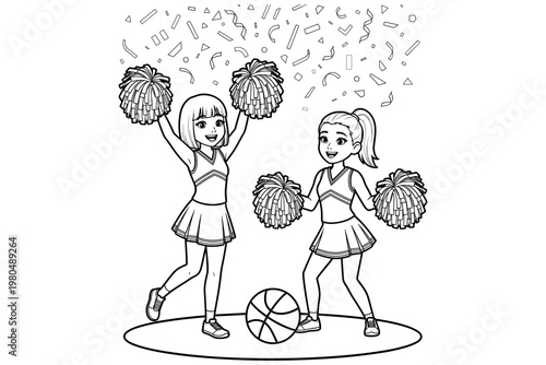 Two excited cheerleaders with pom-poms celebrating victory on sports court with basketball.