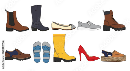 Collection of various types of footwear for men and women on a white background
