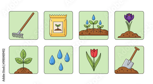Set of garden icons depicting planting, watering, and growth of plants and flowers, including tools and soil