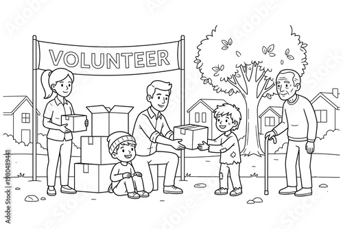 Volunteers distribute boxes of donations to people of different ages, representing community help.