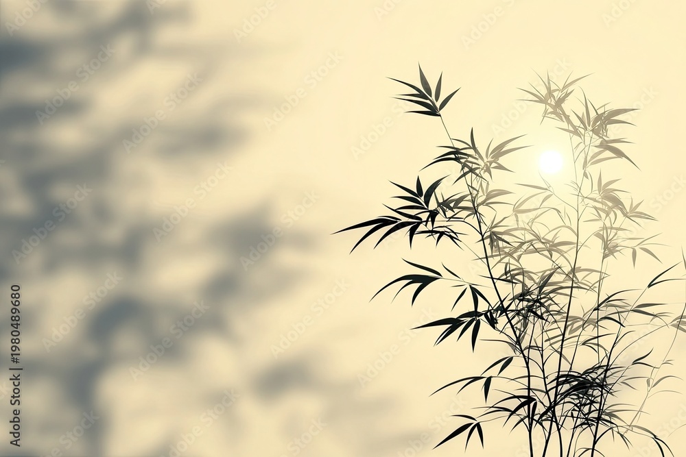 Obraz premium Bamboo stalks with leaves against a bright, soft sky and blurry shadow. Use as a background, graphic, or illustration for serenity and nature.