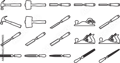 A collection of essential woodworking tools, meticulously illustrated in a line art style, showcasing the precision and craftsmanship of the trade.
