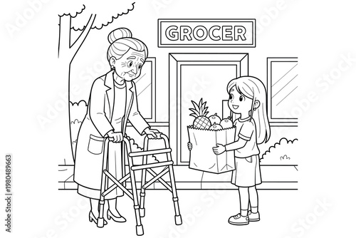 Young girl helps senior woman carry groceries from grocer store, showing kindness.