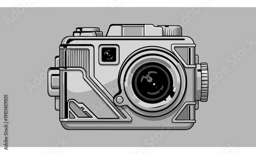 Art Deco Silver Ceramic Action Camera, Studio shot, flat vector illustration, bold solid colors, clean lines, no gradients