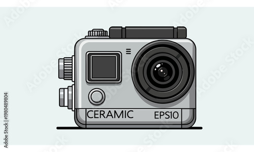Art Deco Silver Ceramic Action Camera, Studio shot, flat vector illustration, bold solid colors, clean lines, no gradients