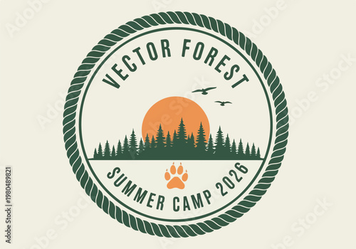 Vintage Summer Camp 2026 Vector Forest Badge, Retro Outdoor Adventure Logo with Pine Trees and Sunset, Wilderness Exploration Emblem