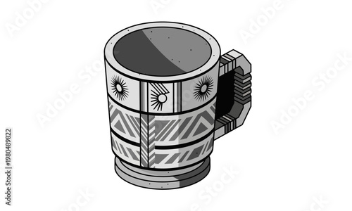 Art Deco Silver Concrete Coffee Mug, Isometric view, flat vector illustration, bold solid colors, clean lines, no gradients