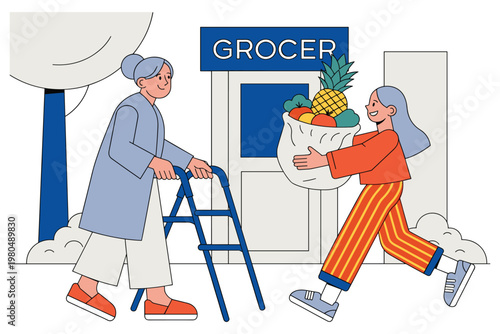 Young woman helps elderly woman with walker carry groceries from store.