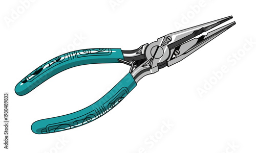 Art Deco Teal Chrome Needle-nose Pliers, Three-quarter view, flat vector illustration, bold solid colors, clean lines, no gradients