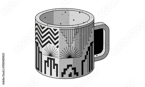 Art Deco Silver Concrete Coffee Mug, Isometric view, flat vector illustration, bold solid colors, clean lines, no gradients