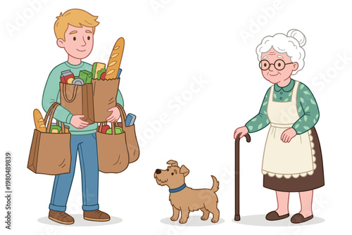 Young man carrying heavy grocery bags for elderly woman with walking stick vector scene.