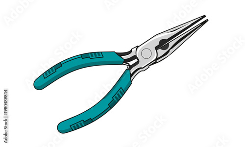 Art Deco Teal Chrome Needle-nose Pliers, Three-quarter view, flat vector illustration, bold solid colors, clean lines, no gradients