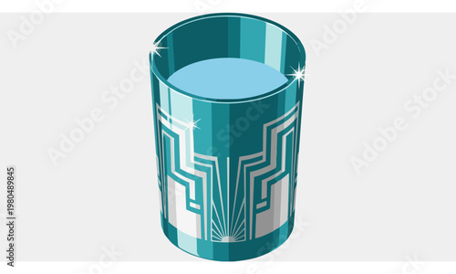 Art Deco Teal Chrome Water Glass, Isometric view, flat vector illustration, bold solid colors, clean lines, no gradients