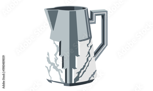 Art Deco Silver Marble Water Pitcher, Perspective view, flat vector illustration, bold solid colors, clean lines, no gradients
