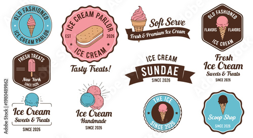 Vintage ice cream parlor logos and labels, retro dessert shop badges with sundae and soft serve icons, 10 vector emblems for sweet treat branding