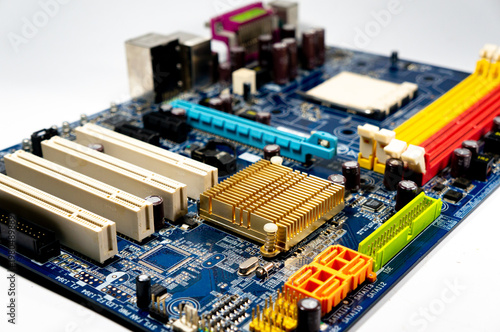 Computer motherboard on a white background