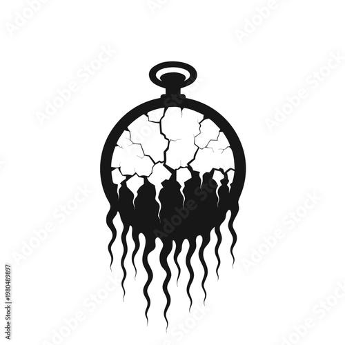Surreal melting pocket watch silhouette, broken clock with cracked glass and dripping liquid, conceptual time decay vector illustration on white