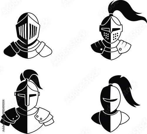 Four black and white knight helmets, stylized busts