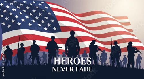Silhouette of soldiers standing before a large waving American flag