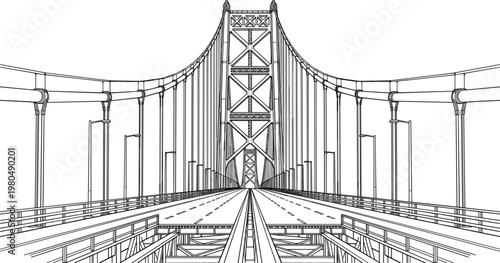 Suspension bridge perspective view with steel cables towers and roadway symmetry detailed architectural engineering line illustration