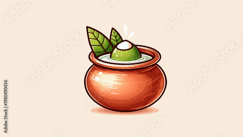 Traditional Indian Copper Kalash Pot with Coconut and Mango Leaves Filled with Holy Water, Sacred Hindu Puja Ritual Vessel Illustration
