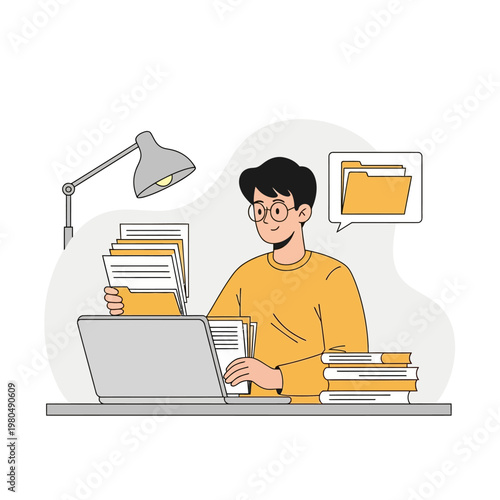 Vector illustration of a male office worker with glasses sitting at a desk organizing paper documents and file folders while working on a laptop with a lamp and books.