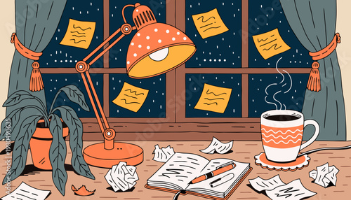 A cluttered home office desk at 2am with a lamp, plant, coffee, papers, and notes.