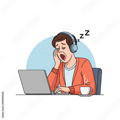 Tired man yawning while working on a laptop at a desk, wearing headphones with a steaming coffee cup and sleep symbols, representing exhaustion from overworking late at night.