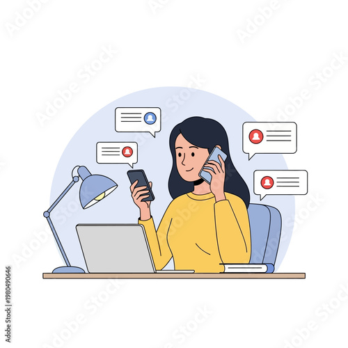 Vector illustration of a young woman multitasking at a desk with a laptop and lamp, talking on one smartphone while checking message notifications on another smartphone screen.