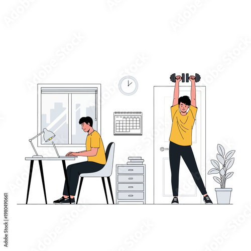 Vector illustration of a young man working at a desk with a laptop and lifting dumbbells in a minimalist home office, depicting work-life balance, fitness, and daily routine.