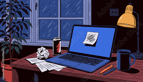 A cluttered desk with a laptop, papers, and drinks on a rainy evening indoors.