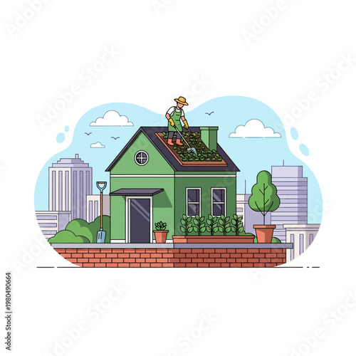 Flat vector illustration of a green house with a gardener working on a rooftop garden bed, featuring an urban cityscape background, plants, brick wall, and eco-friendly home living.