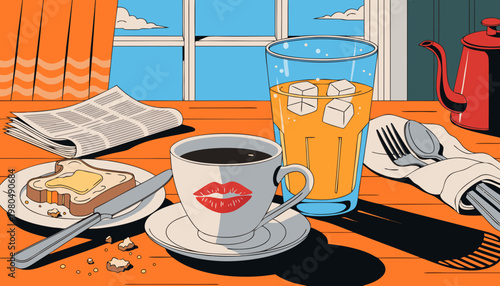 A cosy still life scene shows a winter evening by the fireplace with a warm indoor setting and a cup of coffee on a table indoors.